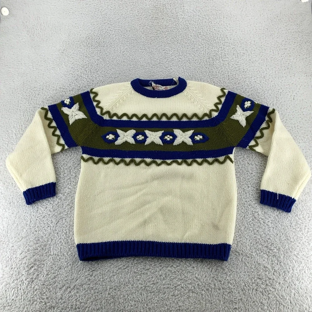 Vintage 70s Kimlon 3D Embroidered Chunky Knit Sweater XS Shoulder Zipper Korea